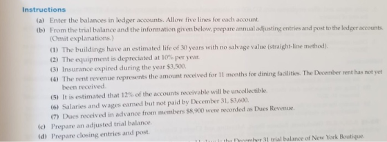Instructions (a) Enter the balances in ledger accounts. Allow five lines for each account. (b) From the trial balance and the