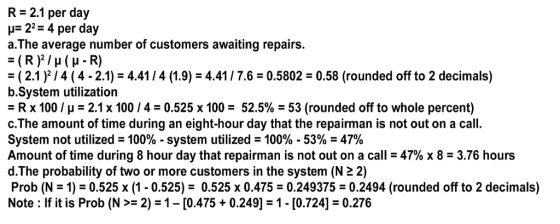 R 2.1 per day μ-22-4 per day a.The average number of customers awaiting repairs. = ( 2.1 )2 / 4 ( 4-2.1-4.41/4 (1.9) = 4.41 /