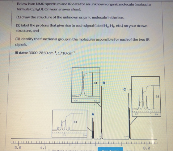 Below is an NMR spectrum and IR data for an unknown organic molecule (molecular formula C H2O). On your answer sheet: (1) dra