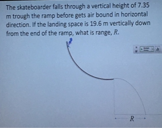 The skateboarder falls through a vertical height of 7.35 m trough the ramp before gets air bound in horizontal direction. If the landing space is 19.6 m vertically down from the end of the ramp, what is range, R.