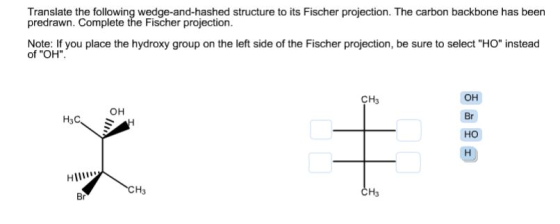 Translate the following wedge-and-hashed structure to its Fischer projection. The carbon backbone has been predrawn. Complete