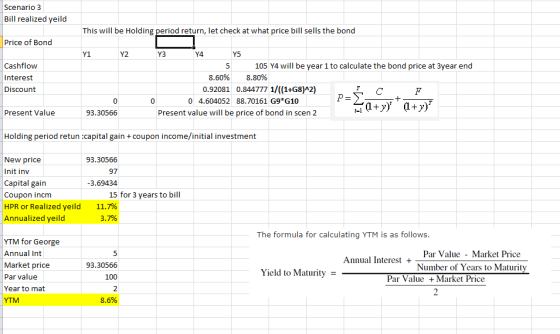 Scenario 3 Bill realized yeild This will be Holding period return, let check at what price bill sells the bond Price of Bond