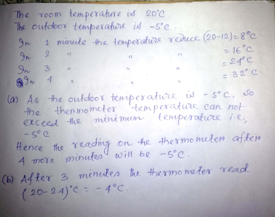 The room temperature is 200 The outdoor tenmperatoe id -Se 1 minule the temperature reduce (20-12)-8°c 9n Sn ノノ =16°c 24e 3