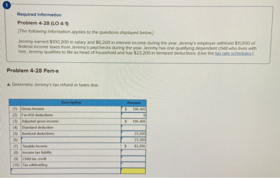 Required information Problem 4-28 (LO 4-1) (The following information applies to the questions displayed below] Jeremy earned