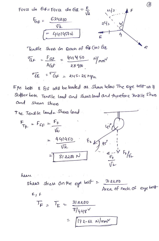 Force in GiF= Force in GE=R va 624210 243 AF FGF = 243 ԿԵ՞ 12 441450N E Tensile stress in each of of Cor) GE R GE 4411450 FGE