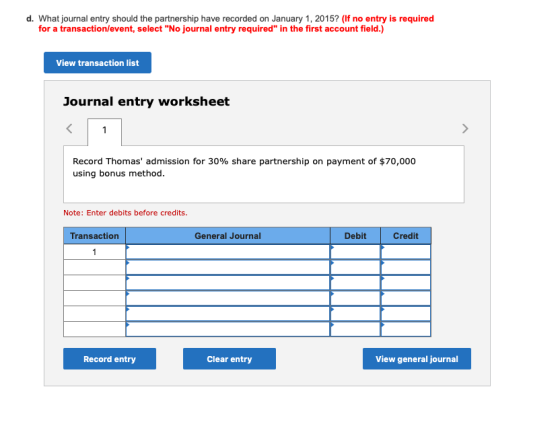 d. What journal entry should the partnership have recorded on January 1, 2015? (If no entry is required for a transaction/eve