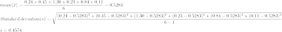 mean() =- 0.24 +0.45 + 1.30 +0.23 +0.84+ 0.11 -= 0.5283 Standard deviation(s) = V (0.24 – 0.5283)2 + (0.45 – 0.5283)2 + (1.30