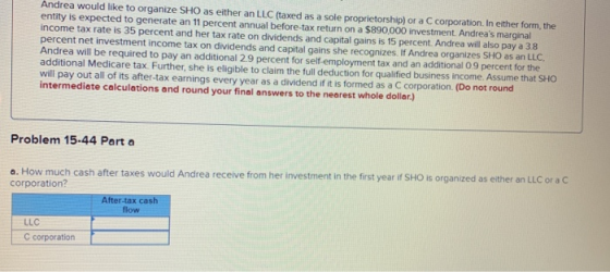 Andrea would like to organize SHO as either an LLC (taxed as a sole proprietorship) or a C corporation. In either form, the e