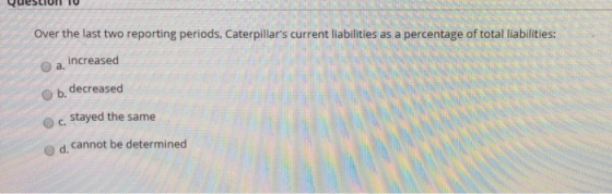 QueSLIUI IU Over the last two reporting periods, Caterpillars current liabilities as a percentage of total liabilities: a. i