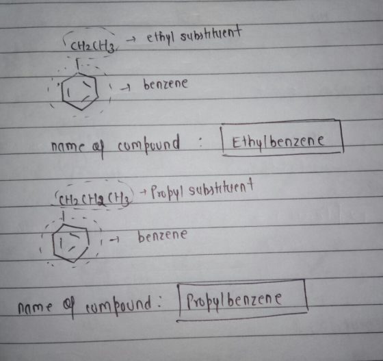 CH₂CH3 ethyl substituent I benzene name of compound Ethylbenzene CH2 CH2 CH3 + Propyl substituent benzene name of compound: P