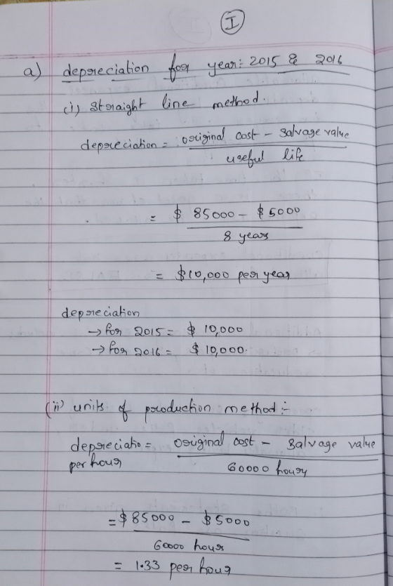 a) depreciation for year: 2015 e 2016 is straight line method. ... depreciation original cost - salvage value useful life = $