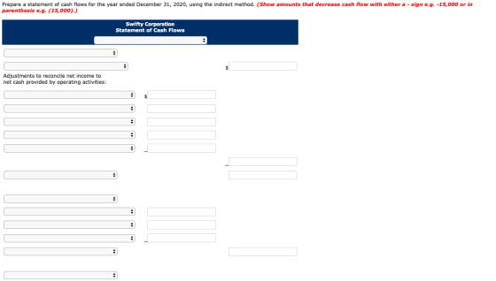 Prepare a statement of cash flows for the year ended December 31, 2020, using the indirect method. (Show amounts that decreas
