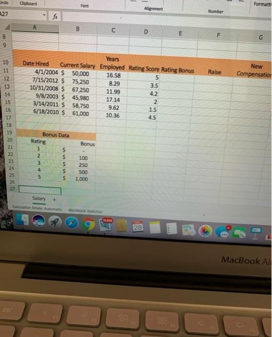 1 Judo Clipboard Font Formatti Alignment 27 Number fx B с D E F G D G Raise New Compensatio Years Date Hired Current Salary E