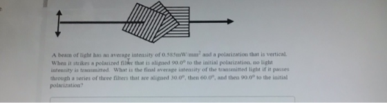 A beam of light has an average intensity of 0,585mW/mm and a polarization that is vertical When it strikes a polarized filter
