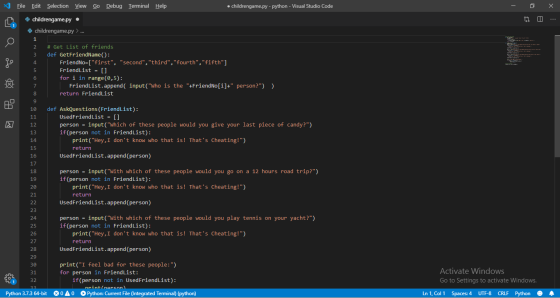 File Edit Selection View Go Debug Terminal Help • childrengame.py - python - Visual Studio Code -ox 47 D . childrengame.py •