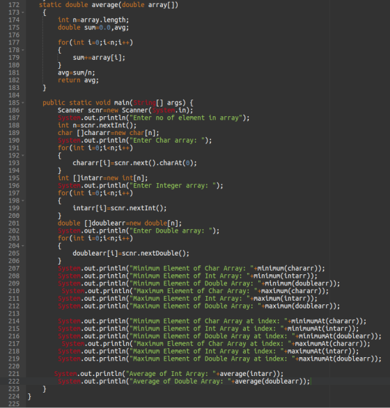 static double average (double array[]), 172 173 - 174 175 176 int n=array.length; double sum=0.0, avg; 177 for(int i=0;i<n;i+