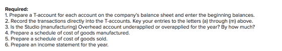 Required: 1. Prepare a T-account for each account on the companys balance sheet and enter the beginning balances. 2. Record the transactions directly into the T-accounts. Key your entries to the letters (a) through (m) above 3. Is the Studio (manufacturing) Overhead account underapplied or overapplied for the year? By how much? 4. Prepare a schedule of cost of goods manufactured. 5. Prepare a schedule of cost of goods sold 6. Prepare an income statement for the year.