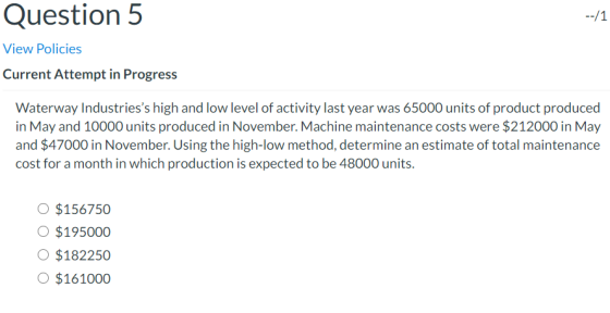 Question 5 --/1 View Policies Current Attempt in Progress Waterway Industriess high and low level of activity last year was