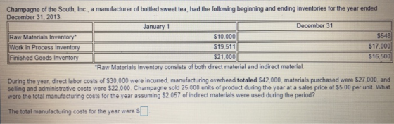 Champagne of the South, Inc, a manufacturer of bottled sweet tea, had the following beginning and ending inventories for the year ended December 31. 2013: January 1 December 31 Raw Materials Inventory Work in Process Inventory $10,000 $19.511 $21,000 $548 $17,000 $16,500 Raw Materials Inventory consists of both direct material and indirect material During the year, direct labor costs of $30.000 were incurred, manufacturing overhead totaled $42.000, materials purchased were $27,000, and selling and administrative costs were $22,000 Champagne sold 25,000 units of product during the year at a sales price of $5.00 per unit. What were the total manufacturing costs for the year assuming $2,057 of indirect materials were used during the period? The total manufacturing costs for the year were