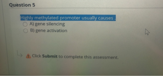 Question 5 Highly methylated promoter usually causes A) gene silencing B) gene activation L Click Submit to complete this ass
