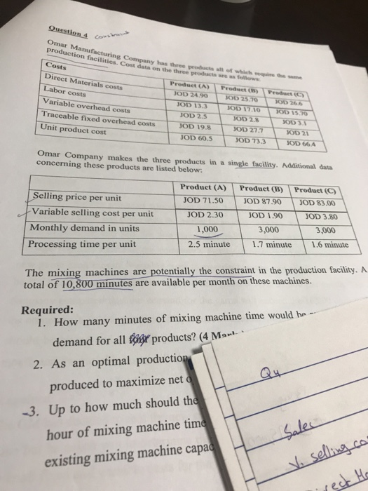 Omar Manufacturin production facilities. Cost data on the three Costs Direct Materials costs Labor costs Variable overhead costs ns three products all of which products are as folows Product (A) Produet (B) Produet OD 13.3 Traceable fixed overhead costs JOD 2.5 JOD 19 JOD 8 S JOD 733 JOD 66 Unit product cost JOD 60.5 Omar Company makes the three products in a single facility. Additional data concerning these products are listed below Product AProduct (B) Product (C) JOD 87.90 JOD 83.00 JOD 3.80 3,000 OD 71.50 Selling price per unit Variable selling cost per unit Monthly demand in units Processing time per unit D 190 JOD 2.30 1,000 2.5 minute - 3,000 1.7 minute 1.6 minute The mixing machines are potentially the constraint in the production facility. A total of 10,800 minutes are available per month on these machines. Required: 1. How many minutes of mixing machine time would he - demand for all Kite products? (4 M 2. As an optimal productio produced to maximize net 3. Up to how much should the hour of mixing machine tim existing mixing machine capa