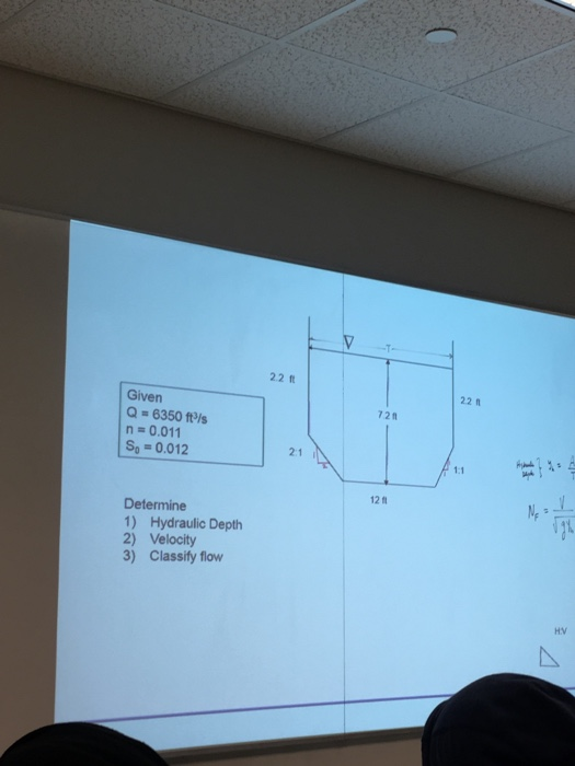 22 ft Given Q6350 ft/s n 0.011 S-0.012 721 21 i 1.1 12 Ne Determine 1) Hydraulic Depth 2) Velocity 3) Classify flow HV