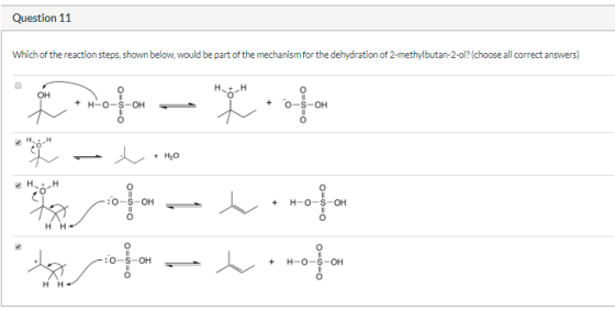 Question 11 Which of the reaction steps, shown below, would be part of the mechanism for the dehydration of 2-methylbutan-2-o