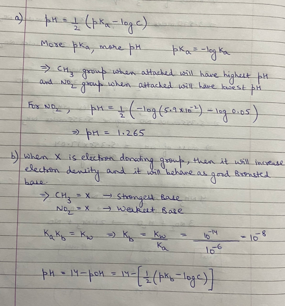 pH = 1 (pka - log c) More pka, more pH pka = -logka = CH group when attached will have highest pH and No group when attached