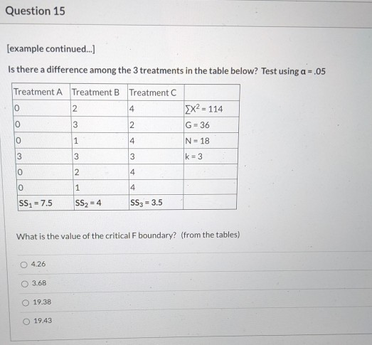 Question 15 [example continued...] Is there a difference among the 3 treatments in the table below? Test using a = .05 Treatm