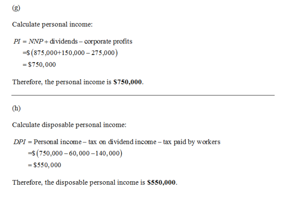 Calculate personal income: PI - NNP+ dividends-corporate profits (875,000+150,000-275,000) - $750,000 Therefore, the personal