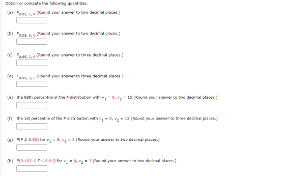 Obtain or compute the following quantities. (a) F0.05, 2, 9 (Round your answer to two decimal places.) (b) F0.05, 9,2 (Round