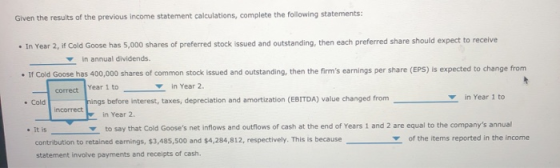 Given the results of the previous income statement calculations, complete the following statements: • In Year 2, if Cold Goos