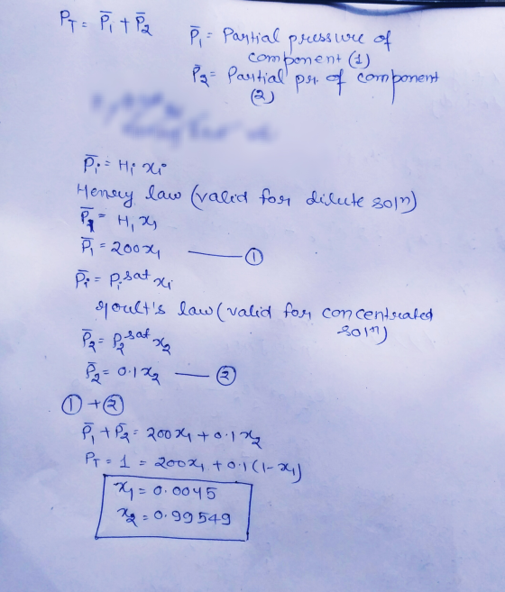Py = Pitp P= Partial pressu wel of component (1) Pq - Partial pr. of component Bi - Hini Henery law (valid for dilute soln) P