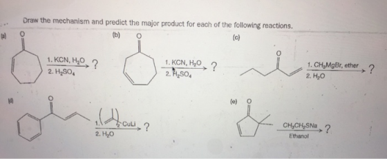 Draw the mechanism and predict the major product for each of the following reactions. (b) 0 la) 0 1. KCN, HO 2 2. H SO 1. KCN