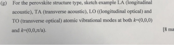 For the perovskite structure type, sketch example LA (longitudinal acoustic), TA (transverse acoustic), LO (longitudinal optical) and TO (transverse optical) atomic vibrational modes at both k (0,0,0) and k=(0,0,τ/a). (g) 18 m