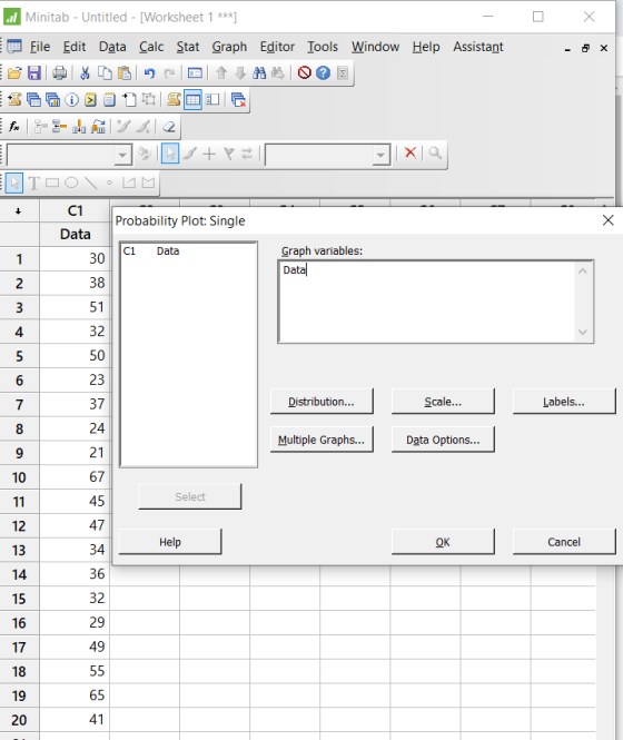 Minitab - Untitled - [Worksheet 1* File Edit Data Calc Stat Graph Editor Iools Window Help Assistant TOO C1 Probability Plot: