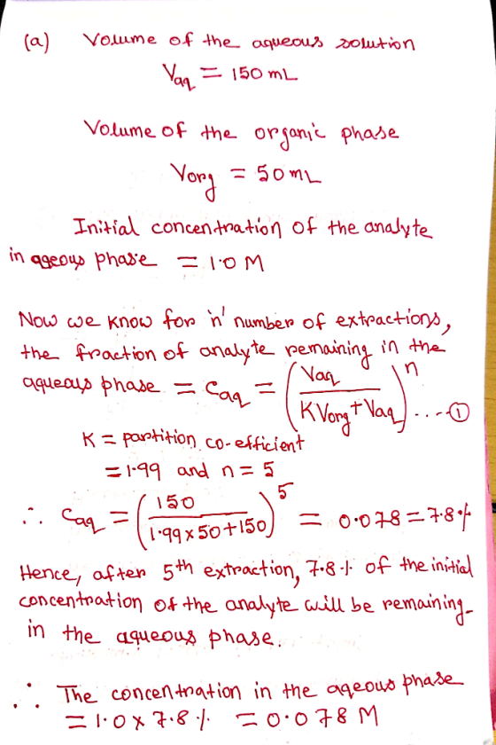 (a) Voume of Jhe oqeous xoluton 150 mL Volume of the orsoni phase or Initial concentnation of the anaJyte Now e Kno fo nnumbe