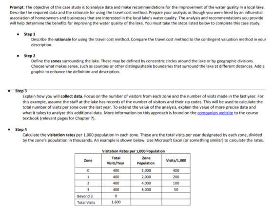 Prompt: The objective of this case study is to analyze data and make recommendations for the improvement of the water quality in a local lake Describe the required data and the rationale for using the travel cost method. Prepare your analysis as though you were hired by an influential association of homeowners and businesses that are interested in the local lakes water quality. The analysis and recommendations you provide will help determine the benefits for improving the water quality of the lake. You must take the steps listed below to complete this case study Step 1 Describe the rationale for using the travel cost method. Compare the travel cost method to the contingent valuation method in your description. e Step 2 Define the zones surrounding the lake. These may be defined by concentric circles around the lake or by geographic divisions. Choose what makes sense, such as counties or other distinguishable boundaries that surround the lake at different distances. Add a graphic to enhance the definition and description. Step 3 Explain how you will collect data. Focus on the number of visitors from each zone and the number of visits made in the last year. For this example, assume the staff at the lake has records of the number of visitors and their zip codes. This will be used to calculate the total number of visits per zone over the last year. To extend the value of the analysis, explain the value of more precise data and what it takes to analyze this additional data. More information on this approach is found on the companion website to the course textbook (relevant pages for Chapter 7). Step 4 Calculate the visitation rates per 1,000 population in each zone. These are the total visits per year designated by each zone, divided by the zones population in thousands. An example is shown below. Use Microsoft Excel (or something simila)tocalculate the rates. Visitation Rates per 1,000 P ion Total Visits/Year Population Visits/1,000 1,000 2,000 4,000 8,000 100 Beyond 3 Total Visits 1,600