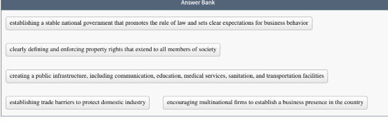 Answer Bank establishing a stable national government that promotes the rule of law and sets clear expectations for business behavior clearly defining and enforcing property rights that extend to all members of society creating a public infrastructure, including communication, education, medical services, sanitation, and transportation facilities establishing trade barriers to protect domestic industry encouraging multinational firms to establish a business presence in the country