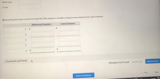 Waterway Crane (b) Assuming that sales revenue increases by 10% prepare a variable costing income statement for each company