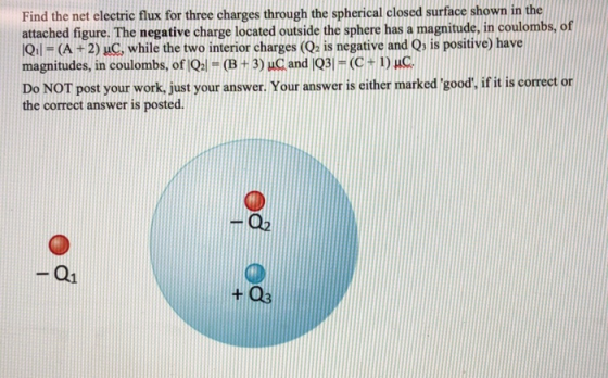 Find the net electric flux for three charges through the spherical closed surface shown in the attached figure. The negative charge located outside the sphere has a magnitude, in coulombs, of Qil (A2) uC, while the two interior charges (Qa is negative and Qs is positive) have magnitudes, in coulombs, of Ol (B +3) uCand 103l CHDUC Do NOT post your work, just your answer. Your answer is either marked good, if it is correct or the correct answer is posted. Q2 Q1 + O3