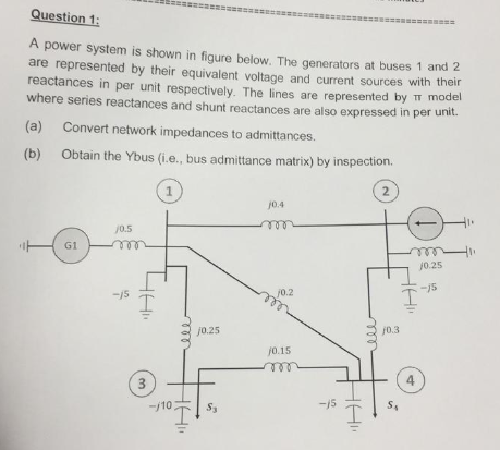 Question1 A power system is shown in figure below. The generators at buses 1 and 2 are represented by their equivalent voltag