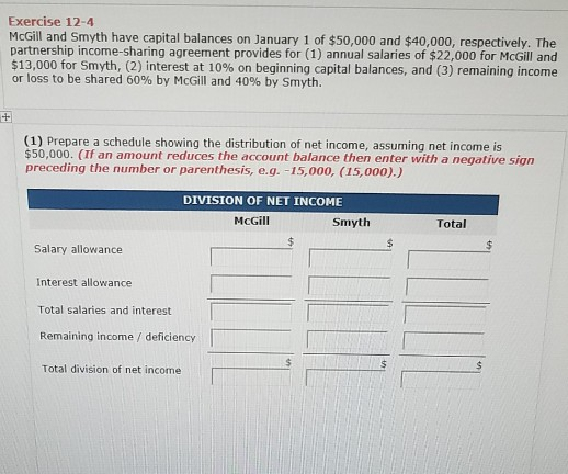 Exercise 12-4 McGill and Smyth have capital balances on January 1 of $50,000 and $40,000, respectively. The partnership income-sharing agreement provides for (1) annual salaries of $22,000 for McGill and $13,000 for Smyth, (2) interest at 10% on beginning capital balances, and (3) remaining income or loss to be shared 60% by McGill and 40% by Smyth. (1) Prepare a schedule showing the distribution of net income, assuming net income is $50,000. (If an amount reduces the account balance then enter with a negative sign preceding the number or parenthesis, e.g. 15,000, (15,000).) DIVISION OF NET INCOME McGill Smyth Total Salary allowance Interest allowance Total salaries and interest Remaining income/ deficiency Total division of net income