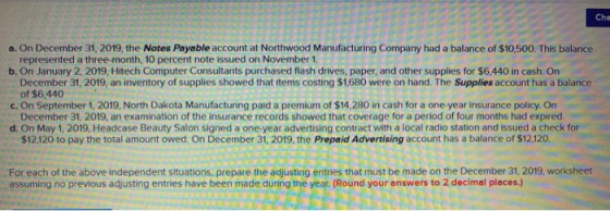 Che a. On December 31, 2019, the Notes Payable account at Northwood Manufacturing Company had a balance of $10,500. This bala