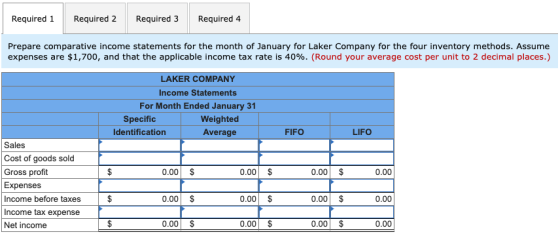 Required 1 Required 2 Required 3 Required 4 Prepare comparative income statements for the month of January for Laker Company