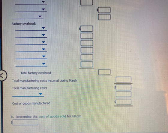 Factory overhead: Total factory overhead Total manufacturing costs incurred during Marc Total manufacturing costs Cost of goo