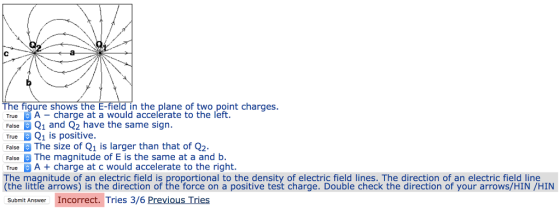 The fiqure shows the E-field in the plane of two point charges True ธ์ A-charge at a would accelerate to the left. FalseQ1 and Q2 have the same sign. True Q1 is positive. FalseThe size of Q1 is larger than that of Q2 False The magnitude of E is the same at a and b. True A+ charge at c would accelerate to the right. The magnitude of an electric field is proportional to the density of electric field lines. The direction of an electric field line (the littľe arrows) is the direction of the force on a positive test charge. Double check the direction of your arrows/HIN /HIN Sm A Incorrect. Tries 3/6 Previous Tries