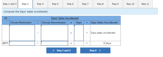 Req 1 and 2 Req 3 Req 4 Req 5 Req 6Req 7 Req 8 Req 9 Req 10 Req 11 Compute the days sales uncollected ays Sales Uncollected Choose Numerator: | 1 | Choose Denominator: | x Days | - | Days Sales Uncollected Days sales uncollected 2017: 0 days Req 1 and 2 Req 4 X