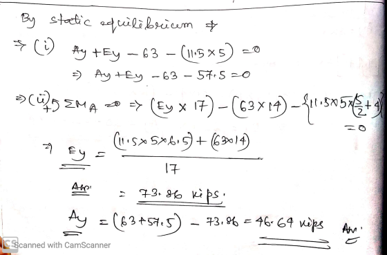 By static equilibrium & şu Ay +Ey - 63 - (11.5*5) -0 =) Aytey - 63 - 57.5 =0 sipas ZMA *> (Ey x 17) - (63x14) –20.58573 (1915