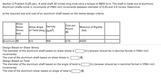 Section 2 Problem 5 (25 pts.) A solid shaft 32 inches long must carry a torque of 4800 lb-in. The shaft is made out of alumin